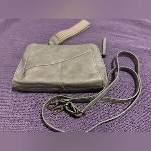 Joy Susan gray vegan leather crossbody with woven wristlet strap EUC
